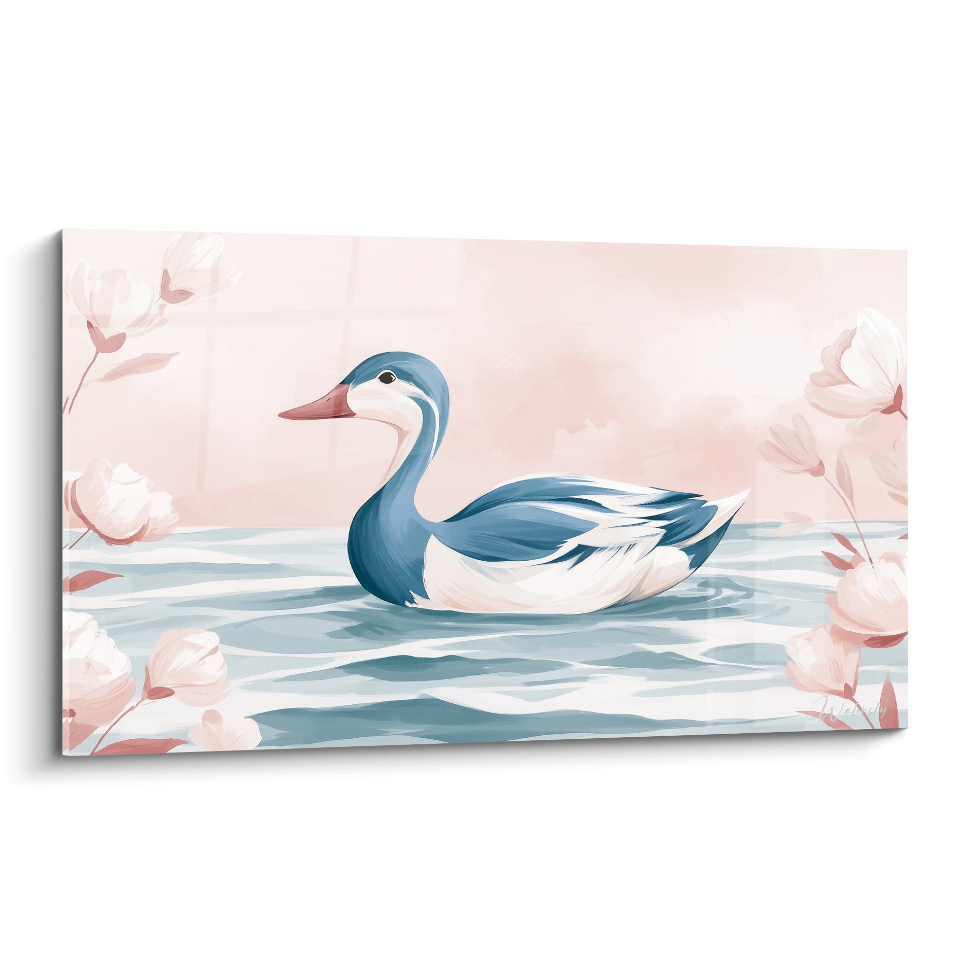 Canard bleu et blanc flotte sur une eau rosée, entouré de fleurs pastel roses.