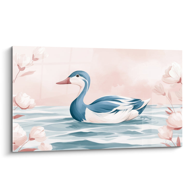Tableau Bleu ardoise et blanc entouré de fleurs roses - Pétales flottants en bordure - Edition Canard