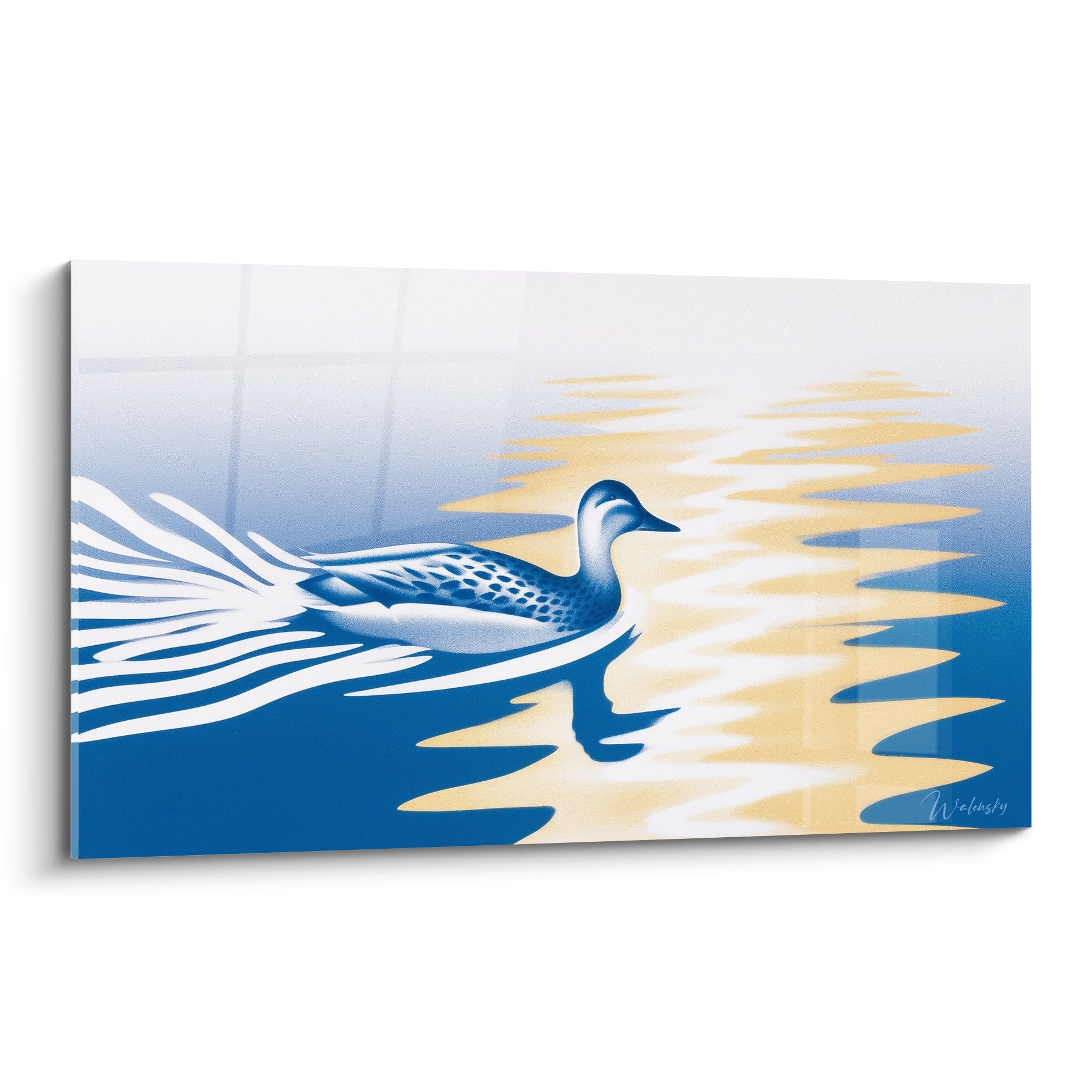 Canard bleu marine nage sur une eau dorée aux reflets stylisés en zigzags graphiques