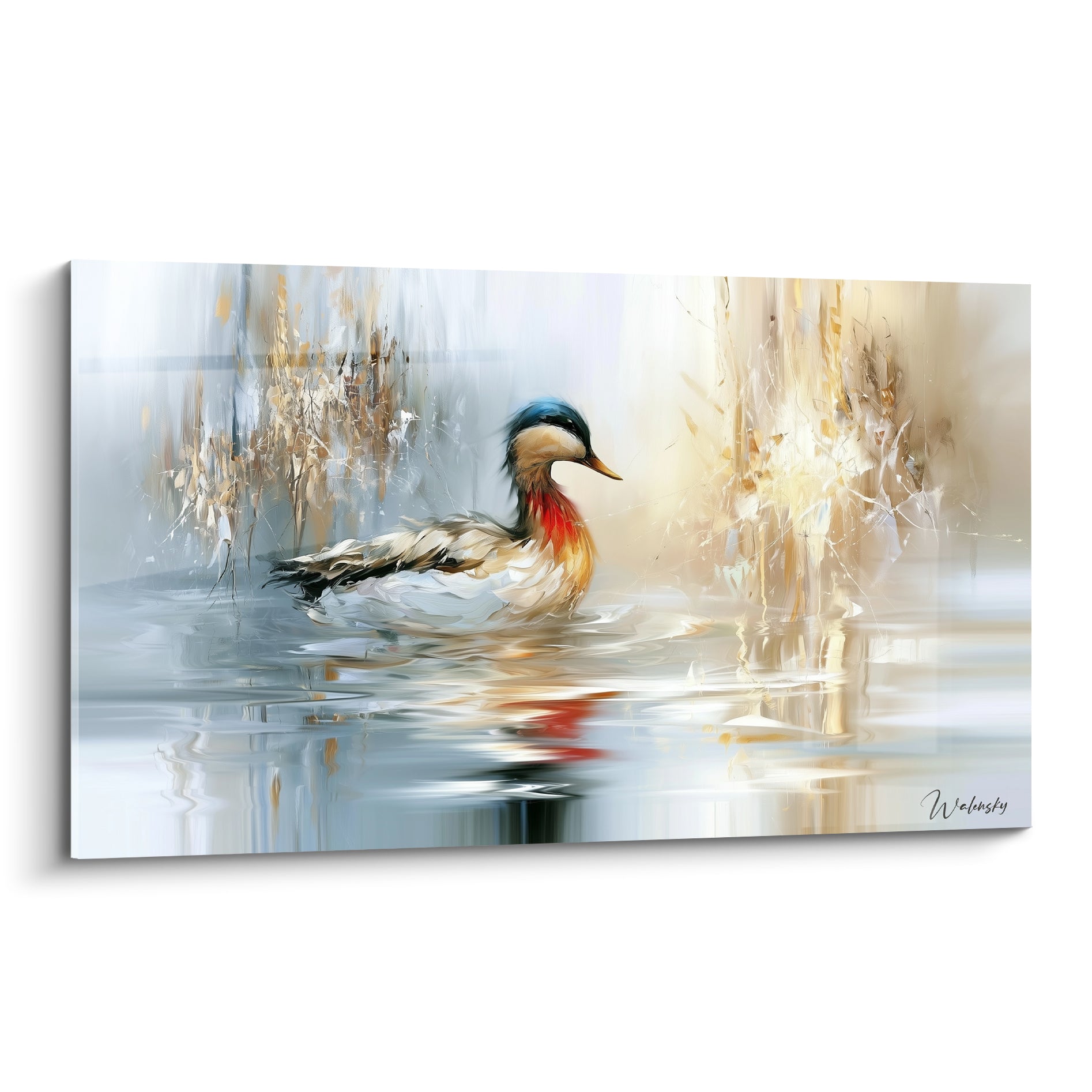 Canard bleu nuit et blanc nageant sur eau dorée, plumage détaillé en touches picturales