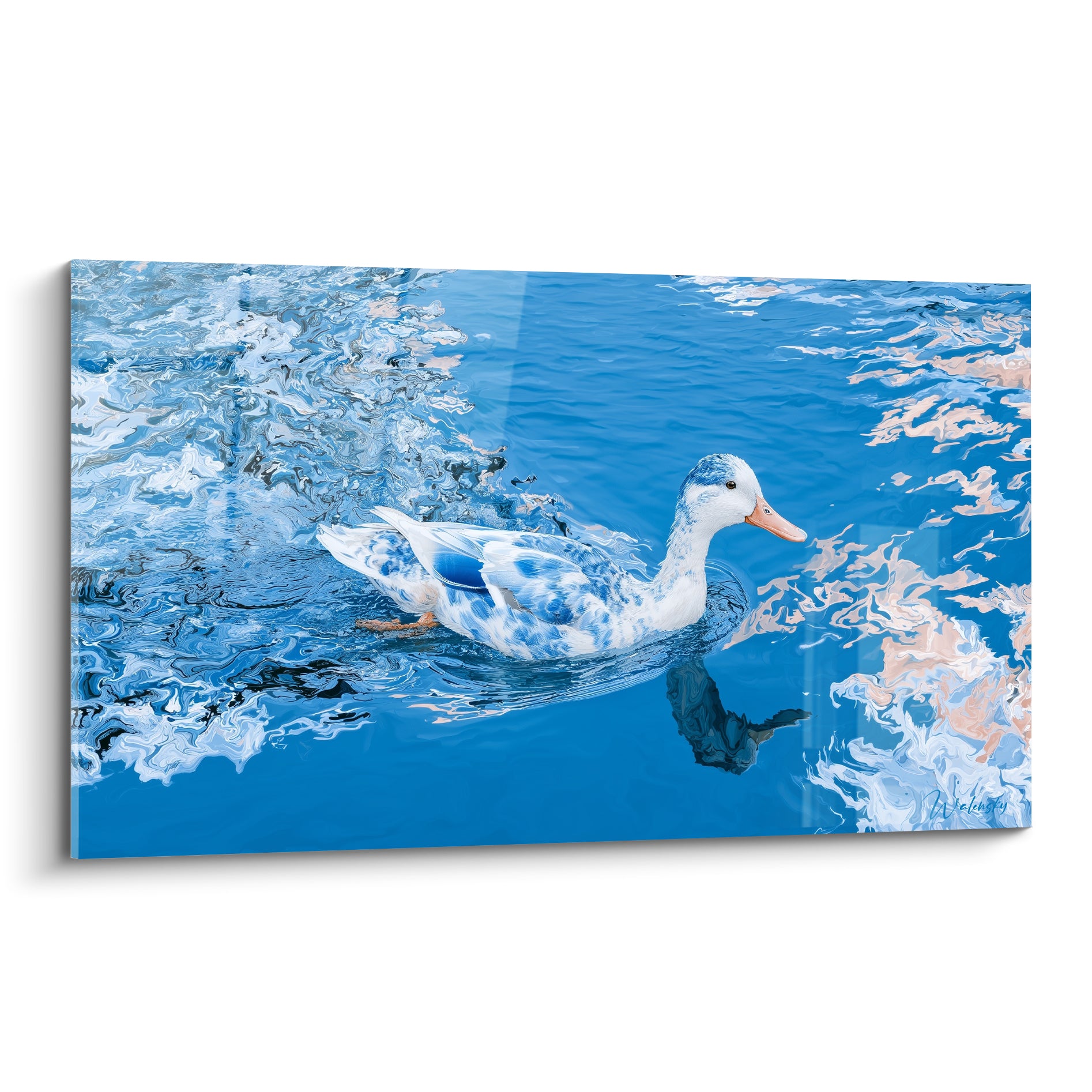 Canard blanc au plumage bleu marine nageant sur une eau ocre et bleu pastel ondulante