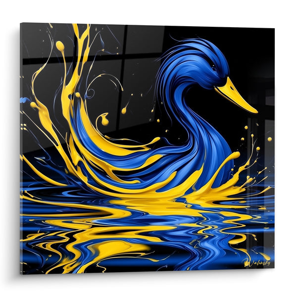 Leinwand Blaue und Gelbe Ente mit Flüssigkeitsklecksen - Flüssiges Schlüpfen - Enten-Edition