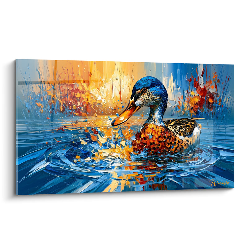 Tableau Colvert bleu et orange sur eau vive - Sillage matinal - Edition Canard