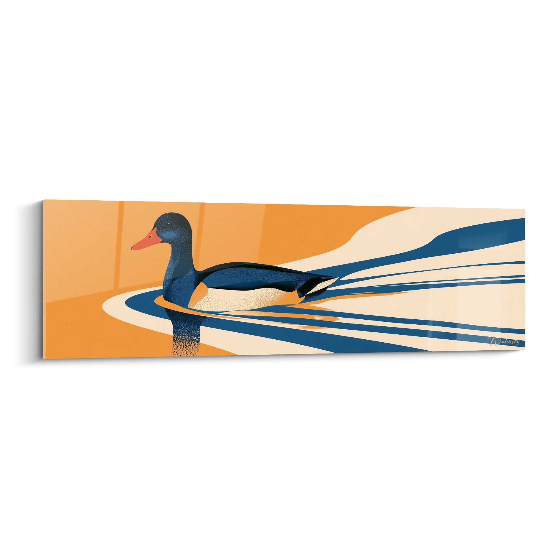 Canard bleu marine au bec orangé glissant sur une eau ondulée crème et bleu foncé