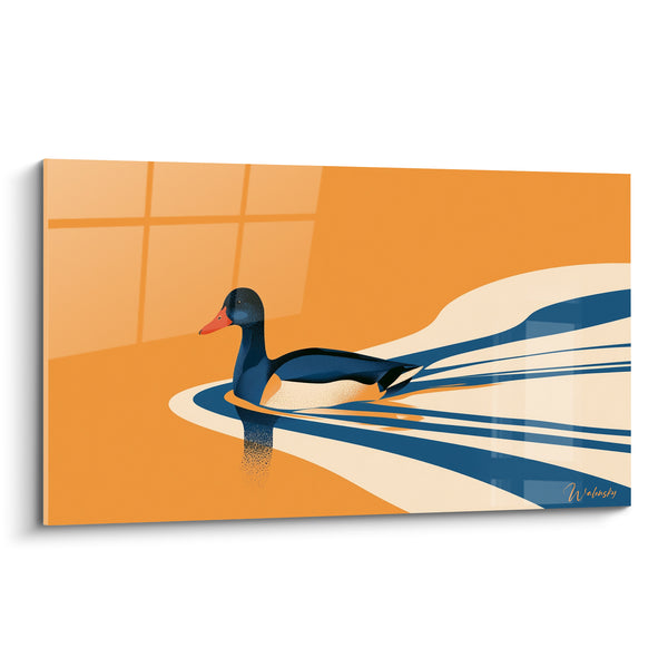 Blue Duck Painting on Orange Background - Calm Wake - Duck Edition