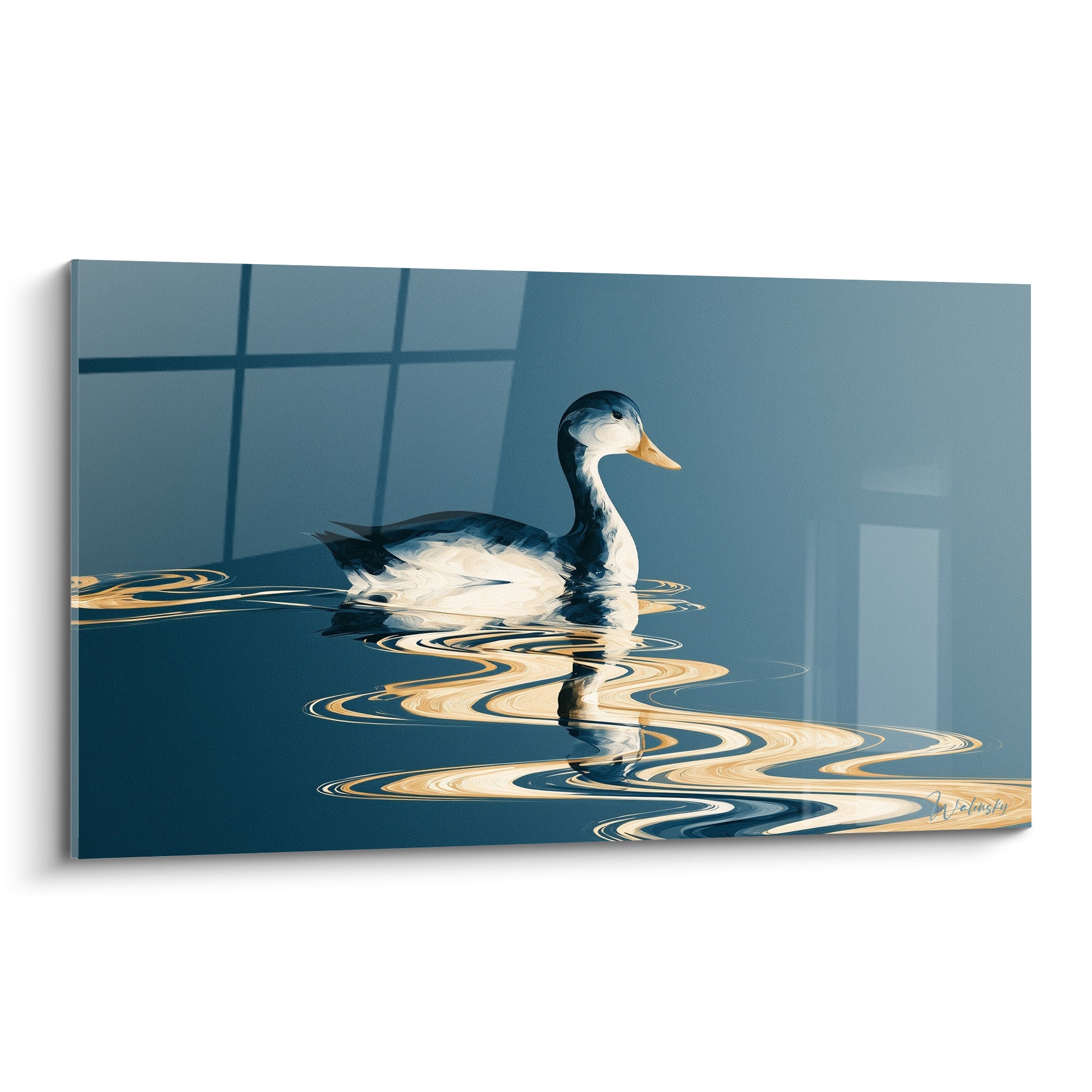 Canard bleu marine et blanc nageant sur une eau ondulée de reflets dorés