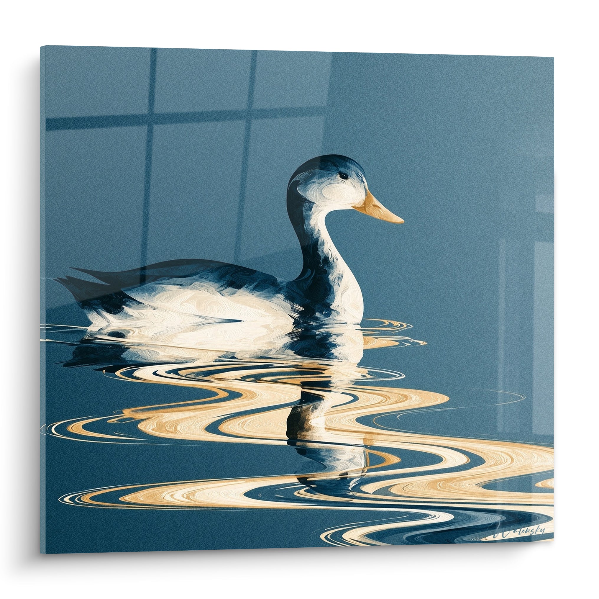 Canard blanc et bleu marine flottant sur une eau aux reflets dorés ondulés