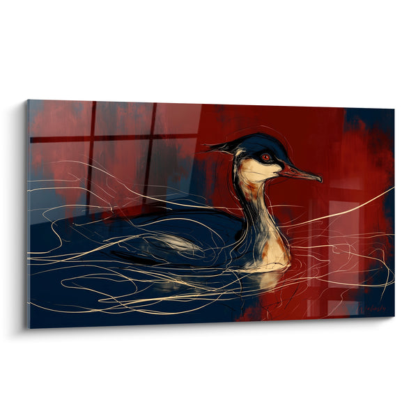 Blue and Red Duck Painting on Sketched Water - Nocturnal Glide - Duck Edition