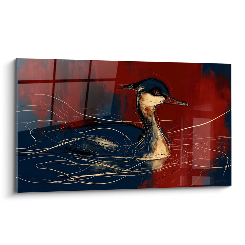 Tableau Canard bleu marine et rouge sur eau esquissée - Glisse nocturne - Edition Canard