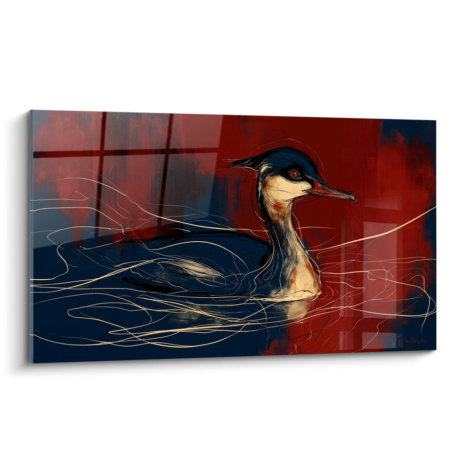 Tableau Canard bleu marine et rouge sur eau esquissée - Glisse nocturne - Edition Canard