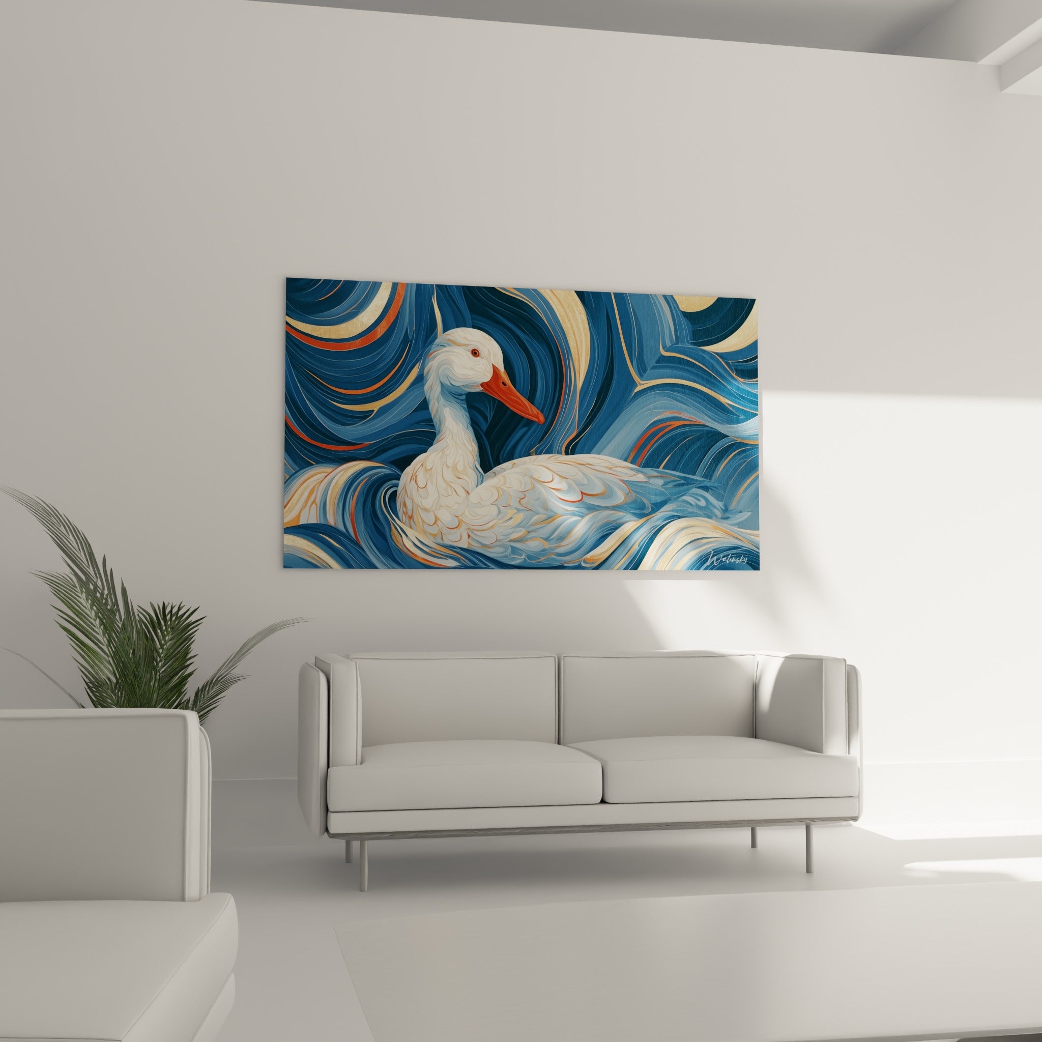 Canard blanc sur fond bleu profond et doré, disposé au-dessus d'un canapé dans un salon lumineux