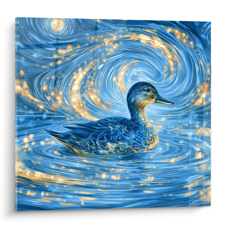 Tableau Canard bleu et doré aux tourbillons lumineux - Nuit étoilée aquatique - Edition Canard