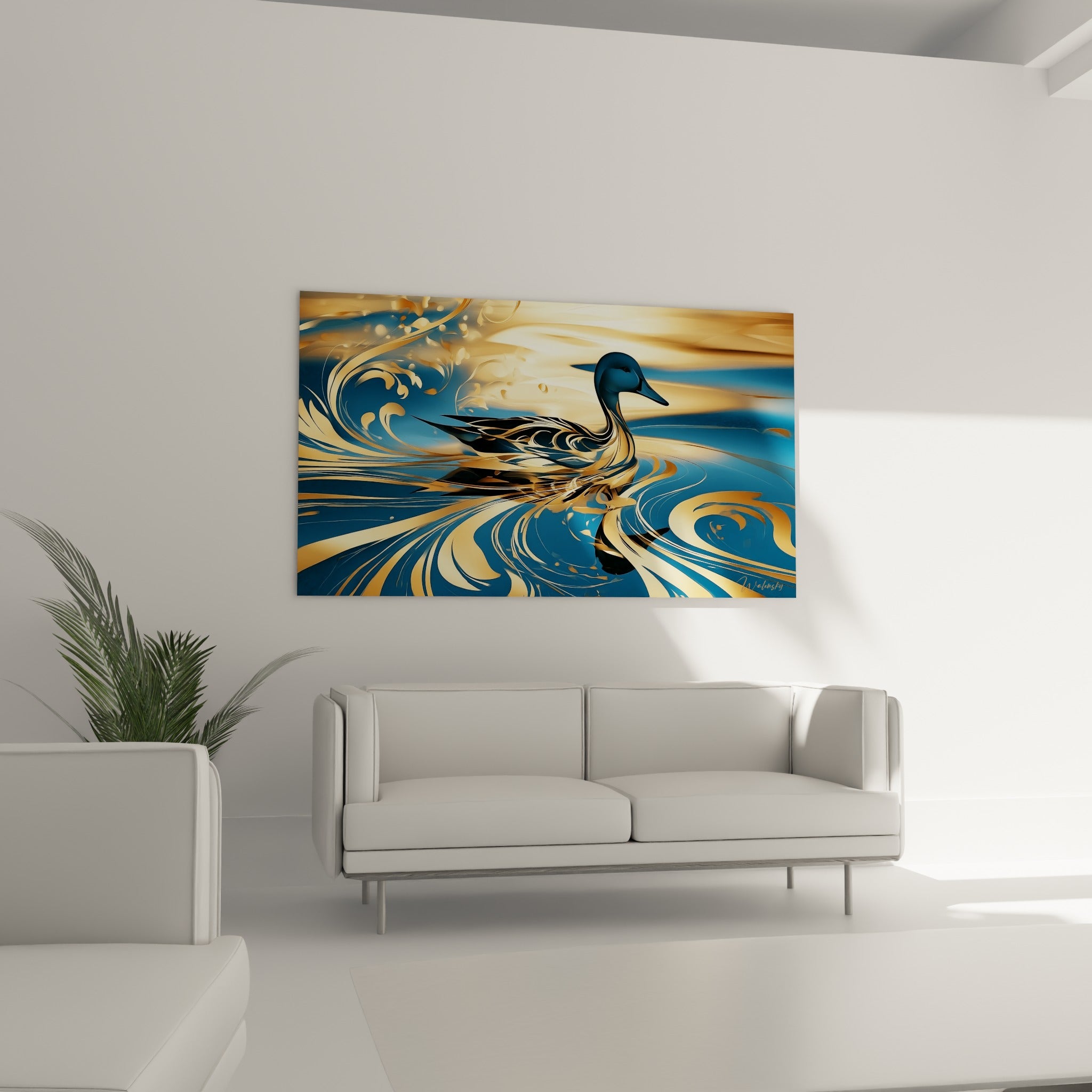 Canard aux teintes bleu nuit et dorées entouré de vagues stylisées, au-dessus d'un canapé dans un salon lumineux