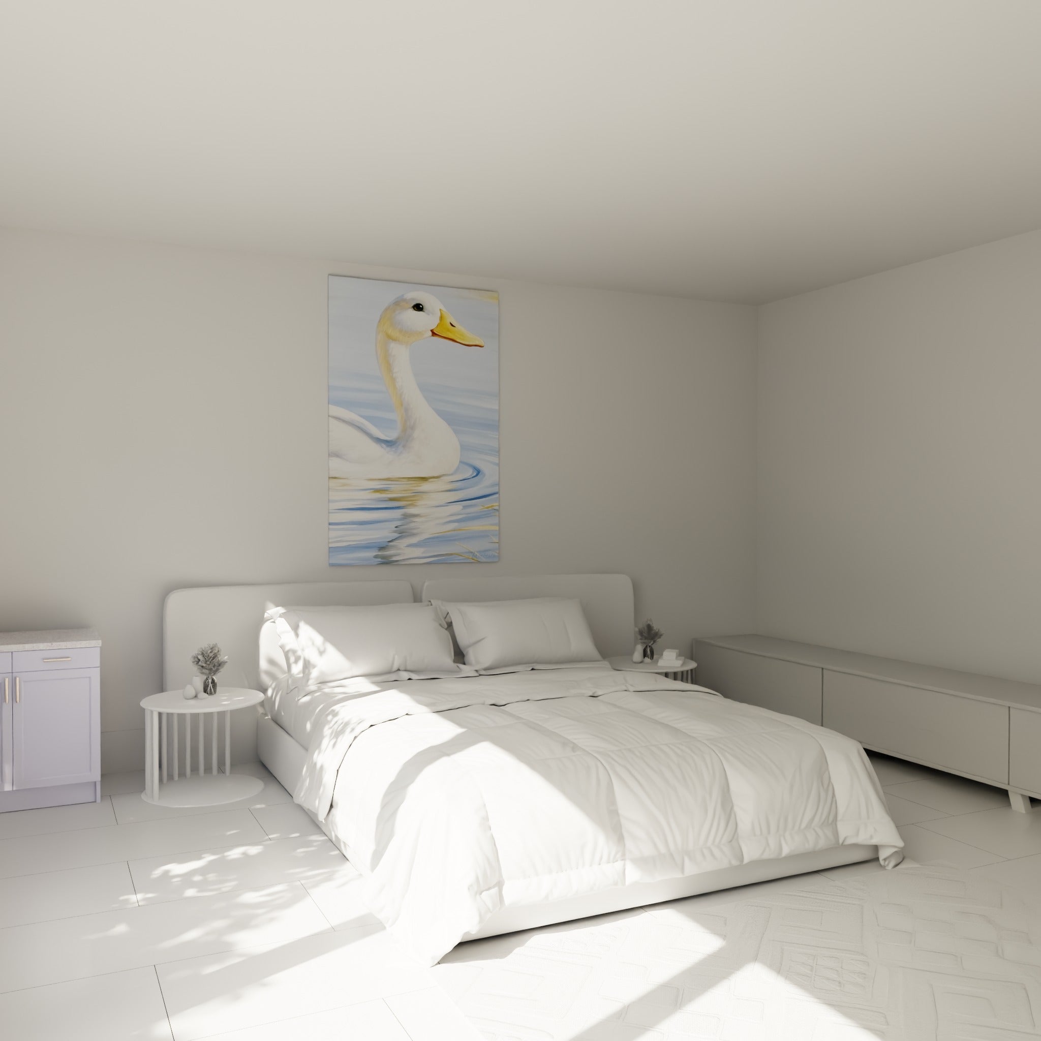 Canard blanc glissant sur une eau bleu pastel, accroché au-dessus d'un lit dans une chambre claire