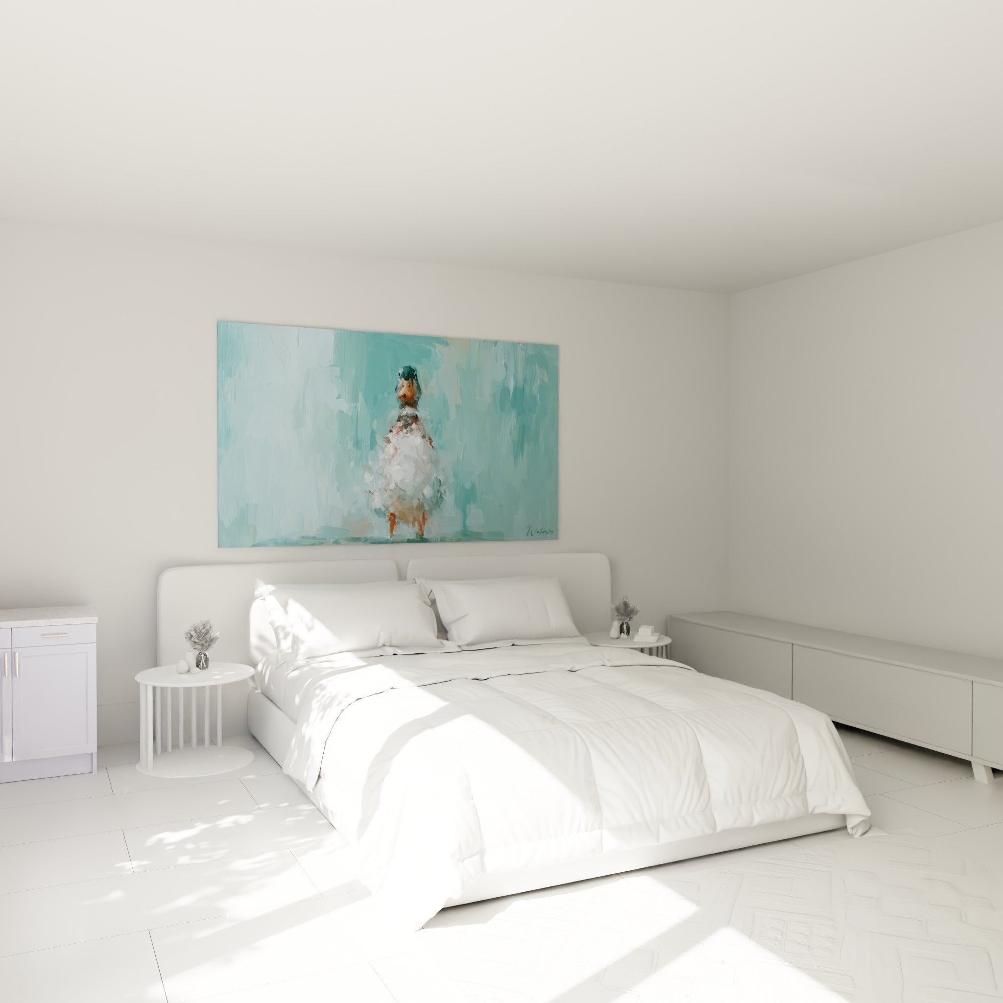 Silhouette de canard turquoise et blanc cassé accrochée au-dessus d'un lit dans une chambre claire