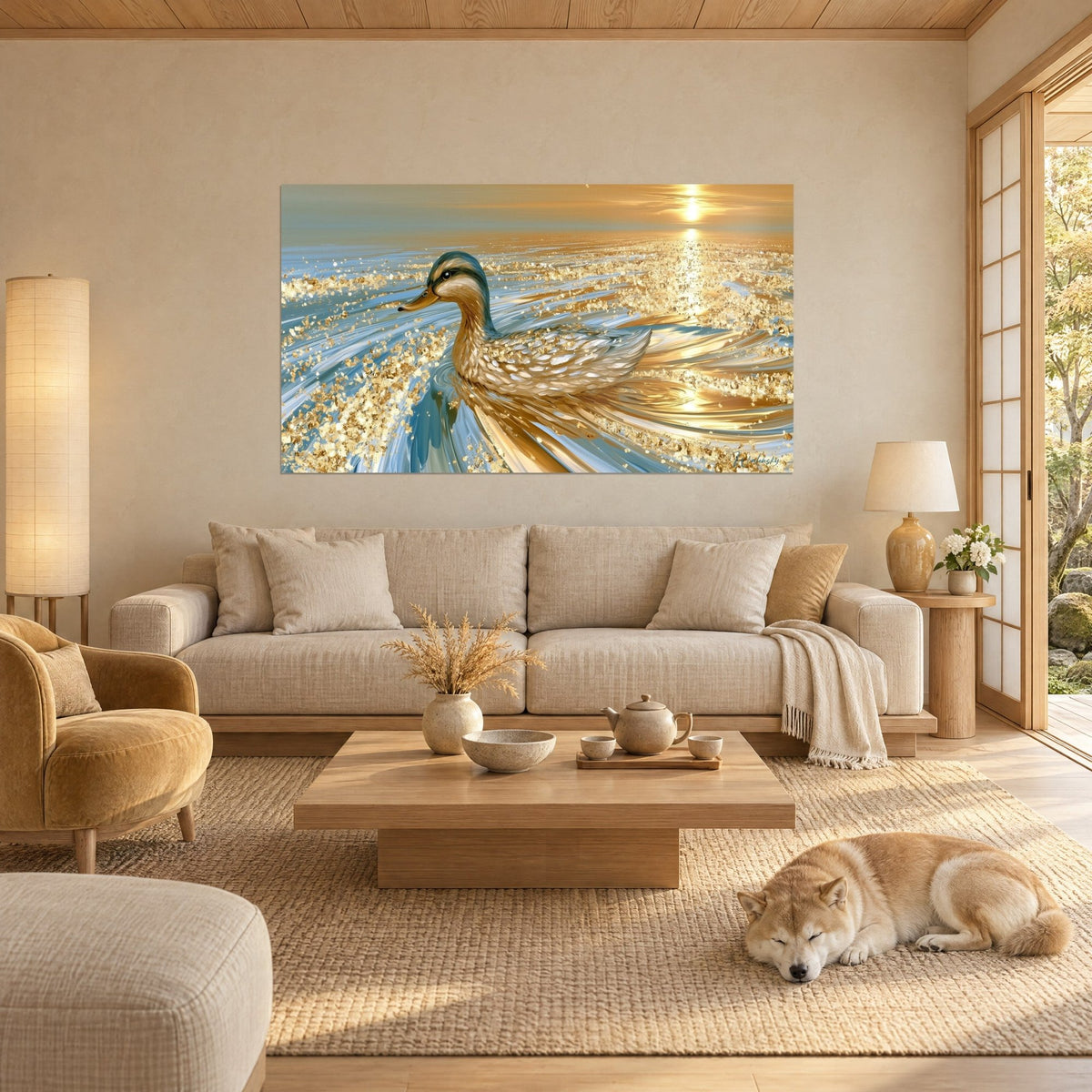 Tableau canard colvert aux plumes ambre nageant sur une onde bleu glacier parsemée de paillettes d'or, au-dessus d'un canapé dans un salon lumineux