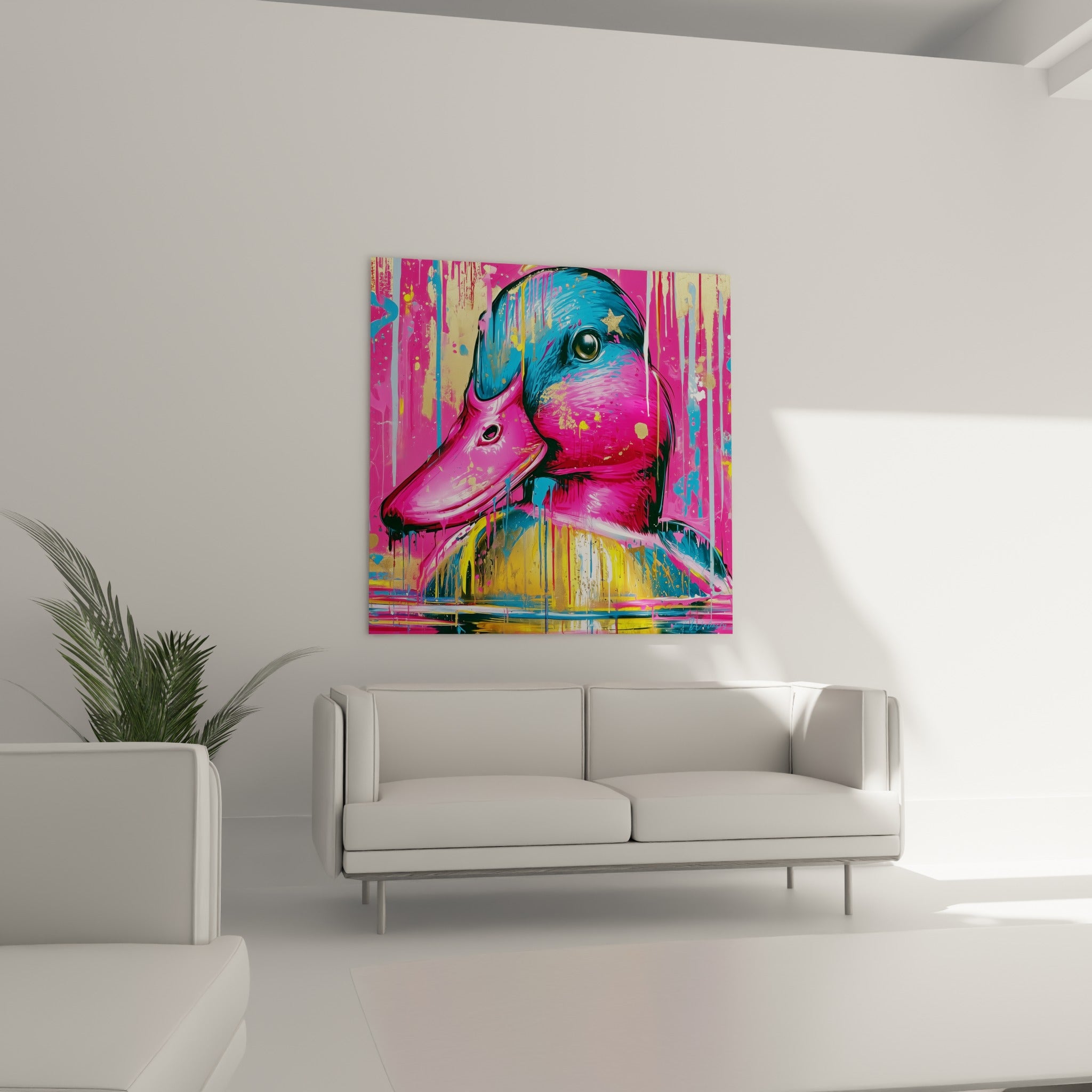 Tête de canard rose intense et bleu profond, étoile dorée, au-dessus d'un canapé dans un salon lumineux