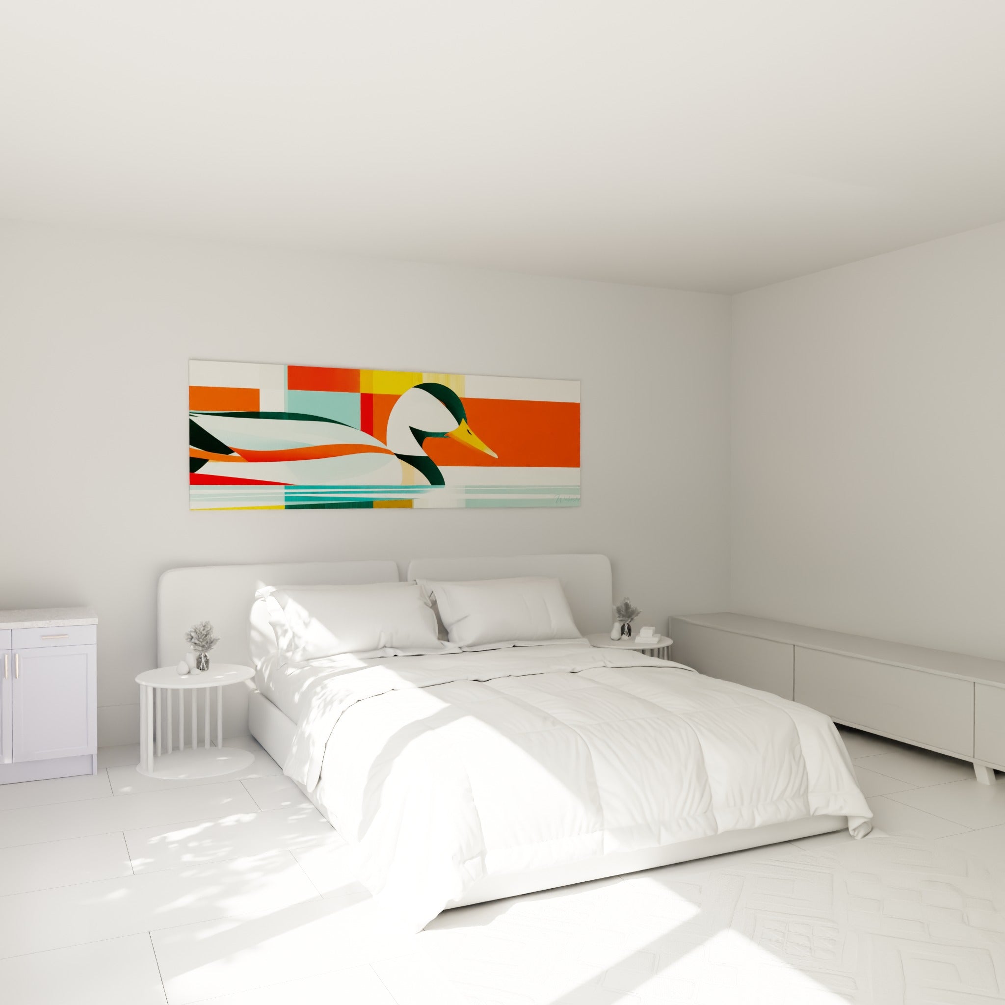 Silhouette de canard stylisé aux tons orange et turquoise, accrochée au-dessus d'un lit dans une chambre claire