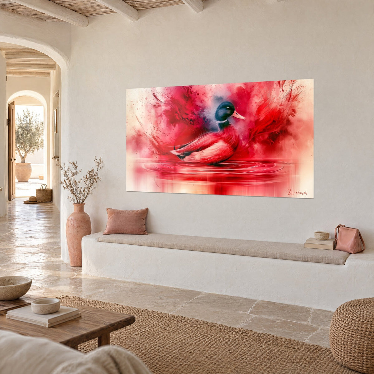 Tableau oiseau aquatique rouge flottant sur eaux pourpres, bec rose pâle, mur de chaux blanc, banquette en pierre et poterie