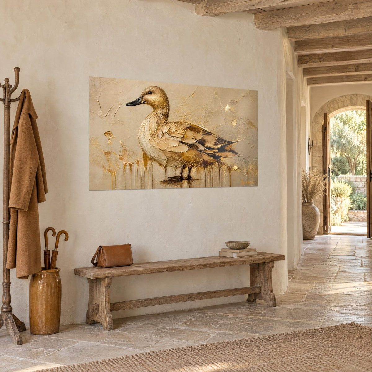 Quadro germano reale scolpito con pigmenti ocra e marroni, profilo rivolto a sinistra, colature dorate, visto di tre quarti in un corridoio di pietra