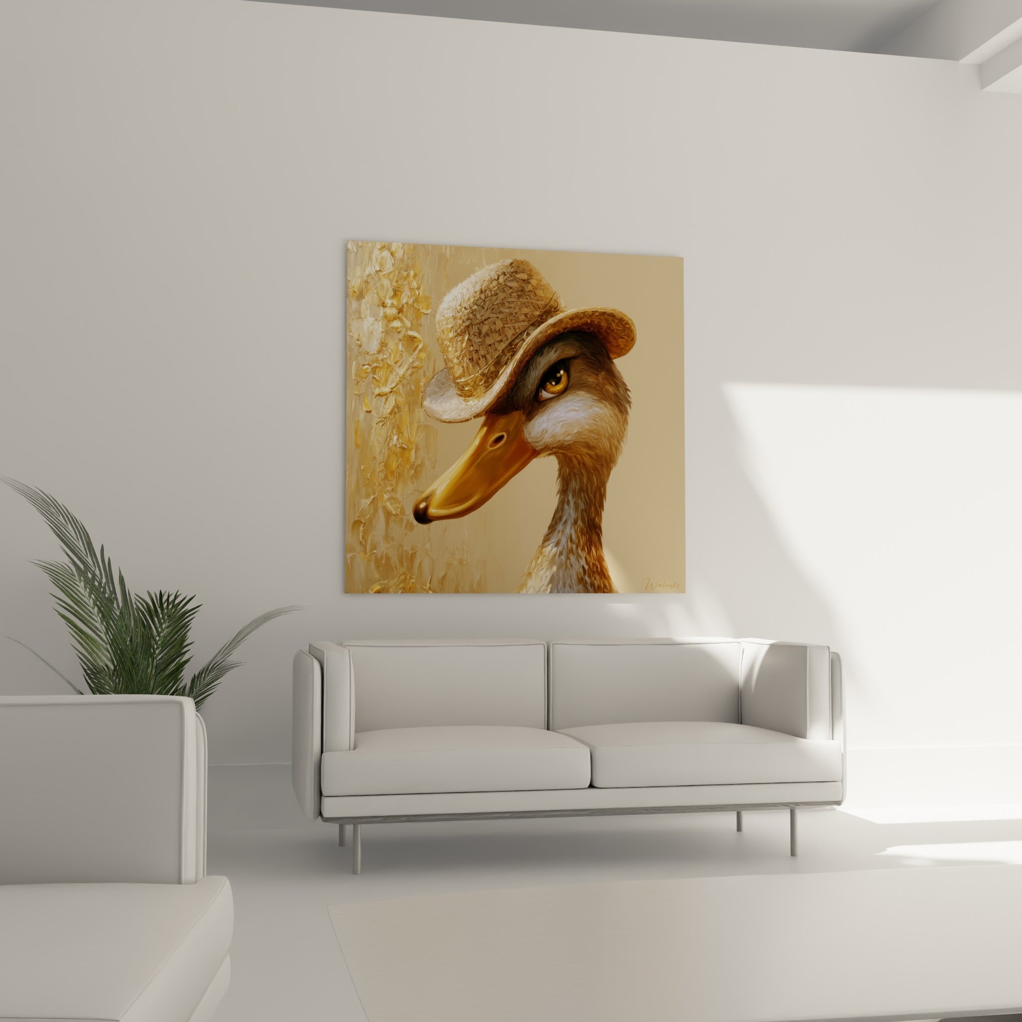Portrait de canard aux tons bruns et dorés avec bec orangé, au-dessus d'un canapé dans un salon lumineux