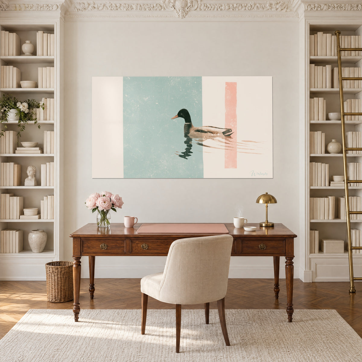 Wall art of a white-necked waterbird floating on a celadon rectangle, salmon stripe, between two bookcases in a wooden study