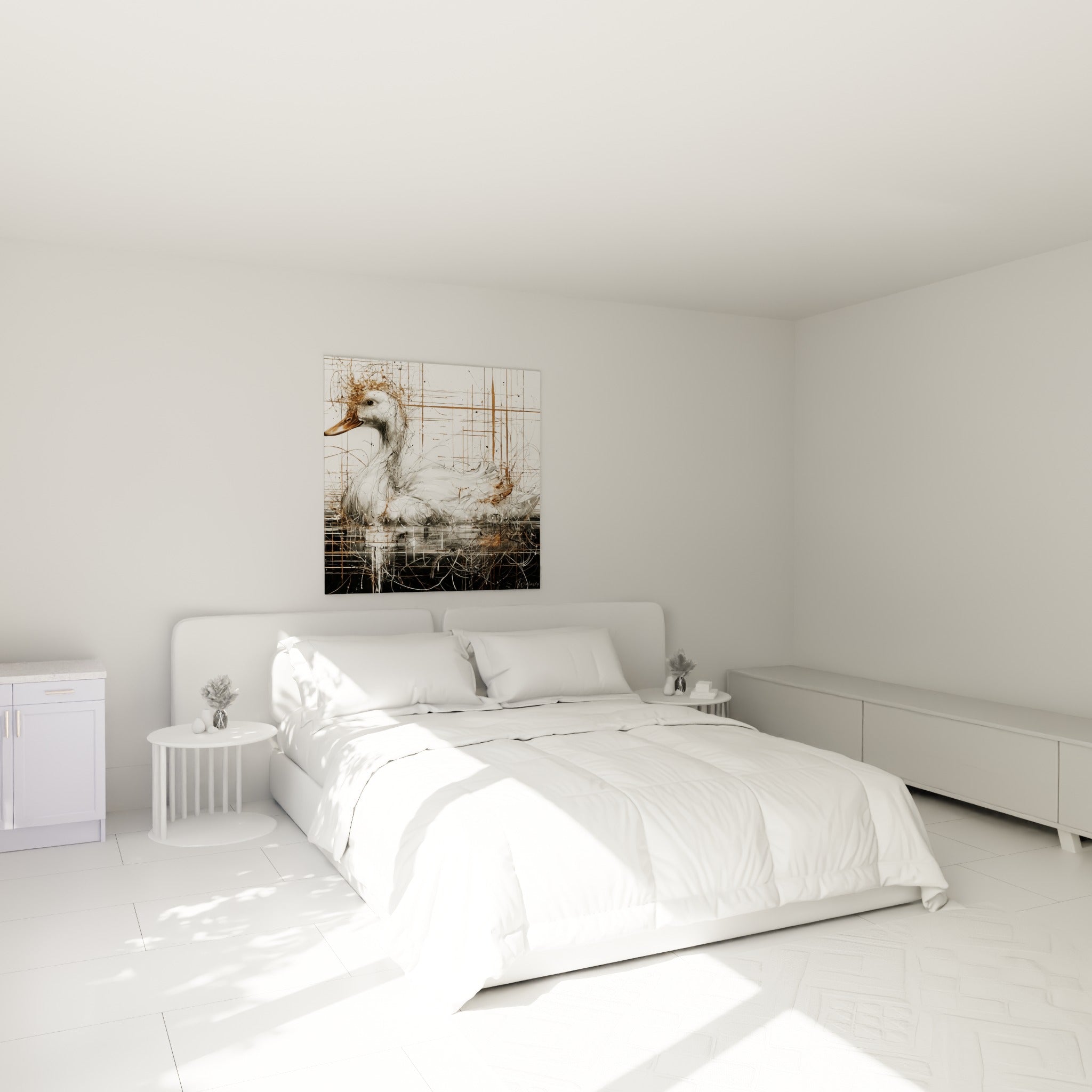 Canard blanc et doré aux traits graphiques accroché au-dessus d'un lit dans une chambre claire
