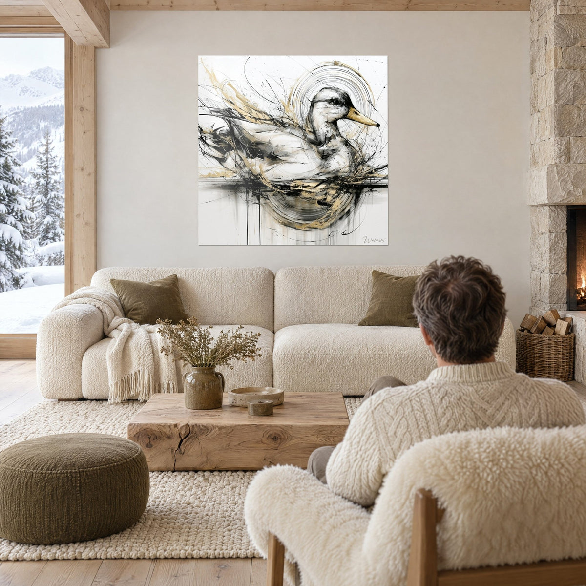 Tableau canard blanc au bec doré, cercles noirs et éclaboussures d'or, vu par un homme de dos au-dessus d'un canapé dans un salon lumineux