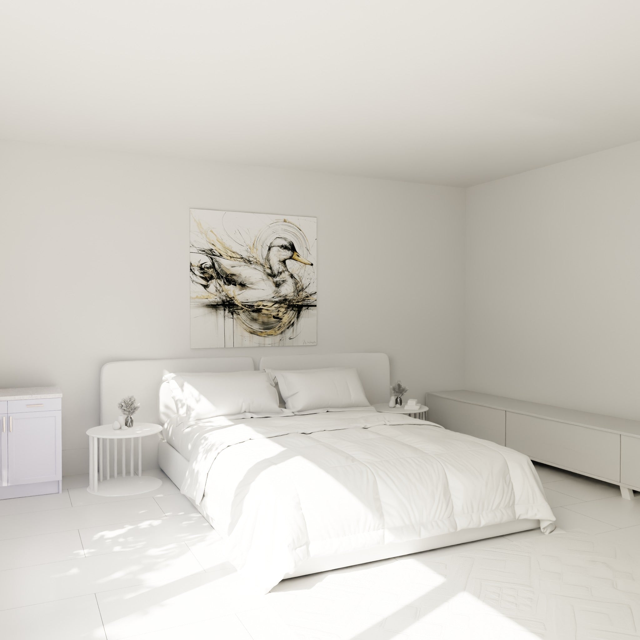 Canard noir et or aux lignes énergiques, accroché au-dessus d'un lit dans une chambre claire