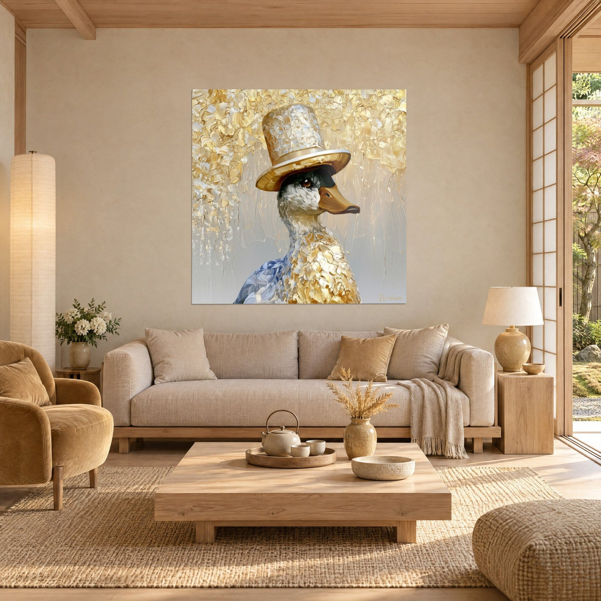 Quadro anatra con cilindro dorato, piumaggio blu ardesia e oro in pasta spessa, sopra un divano in un soggiorno luminoso