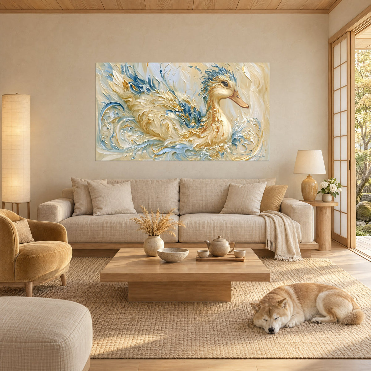 Tableau canard doré en pâte épaisse, plumes crème et crêtes bleu pastel, Shiba endormi, au-dessus d'un canapé dans un salon lumineux