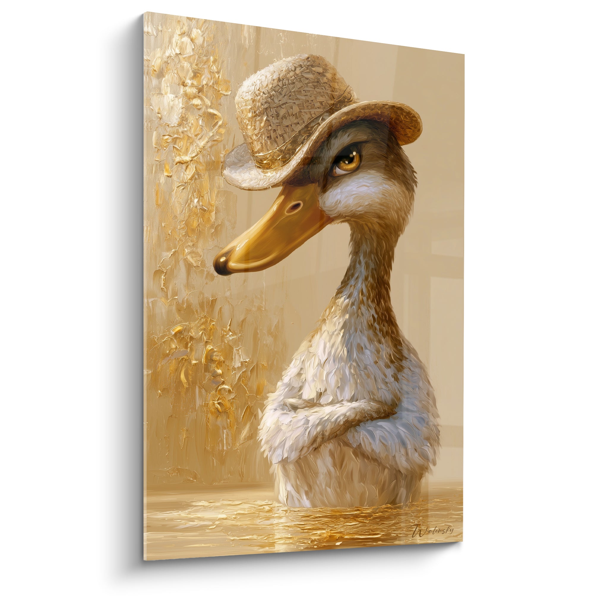 Canard beige au chapeau de paille, ailes croisées, fond doré texturé et lumineux