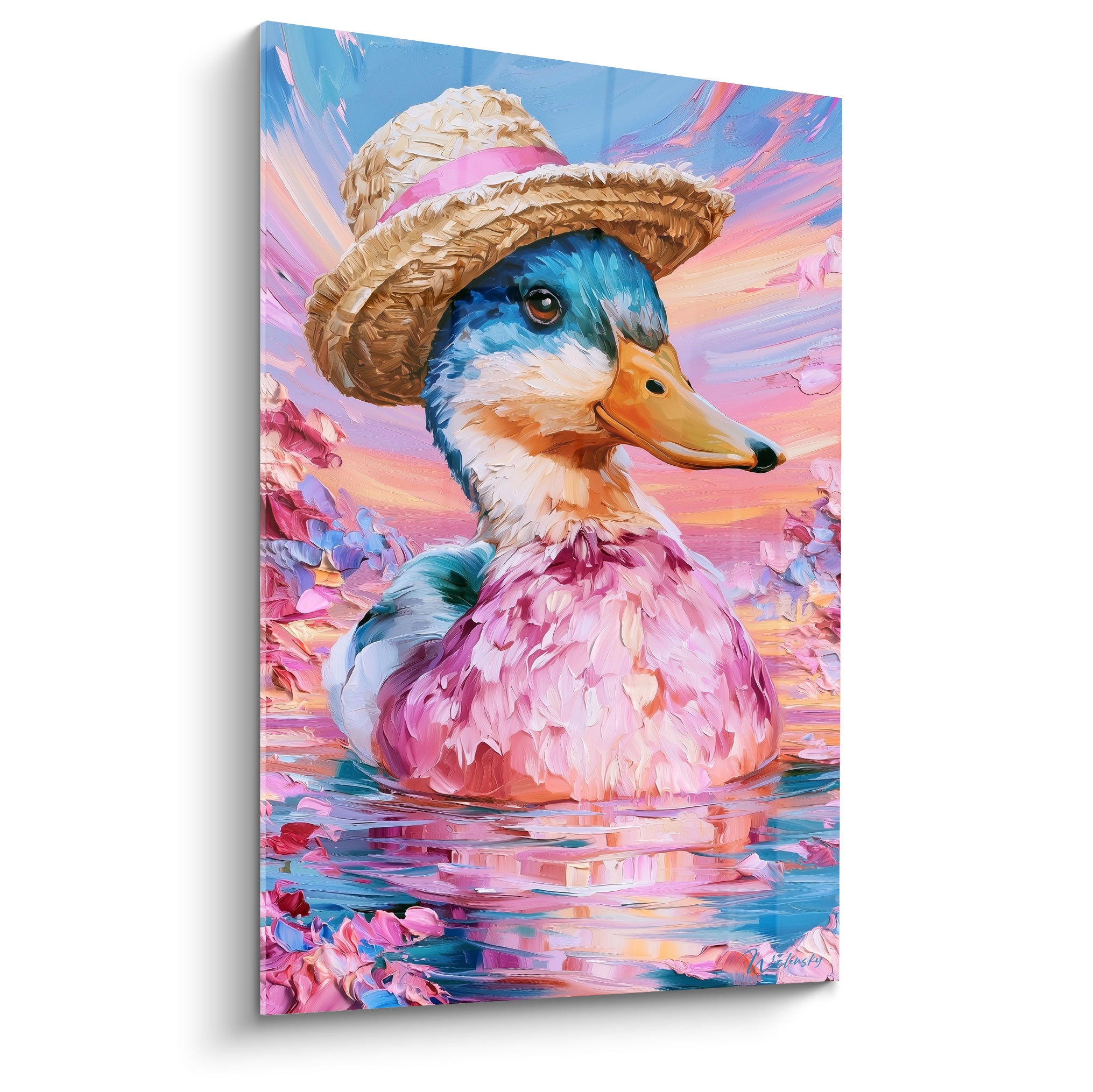 Canard coiffé d'un chapeau de paille, plumage rose et bleu, peint à larges empâtements