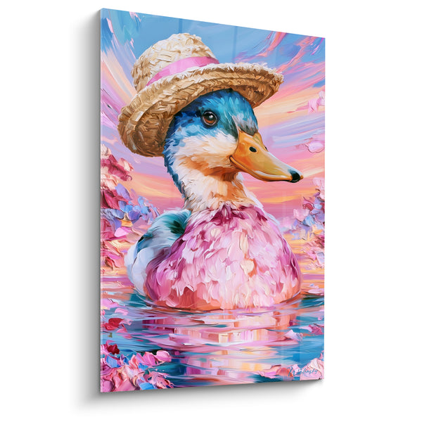 Pink and Blue Duck Painting with Straw Hat - Stroll Along the Water - Duck Edition