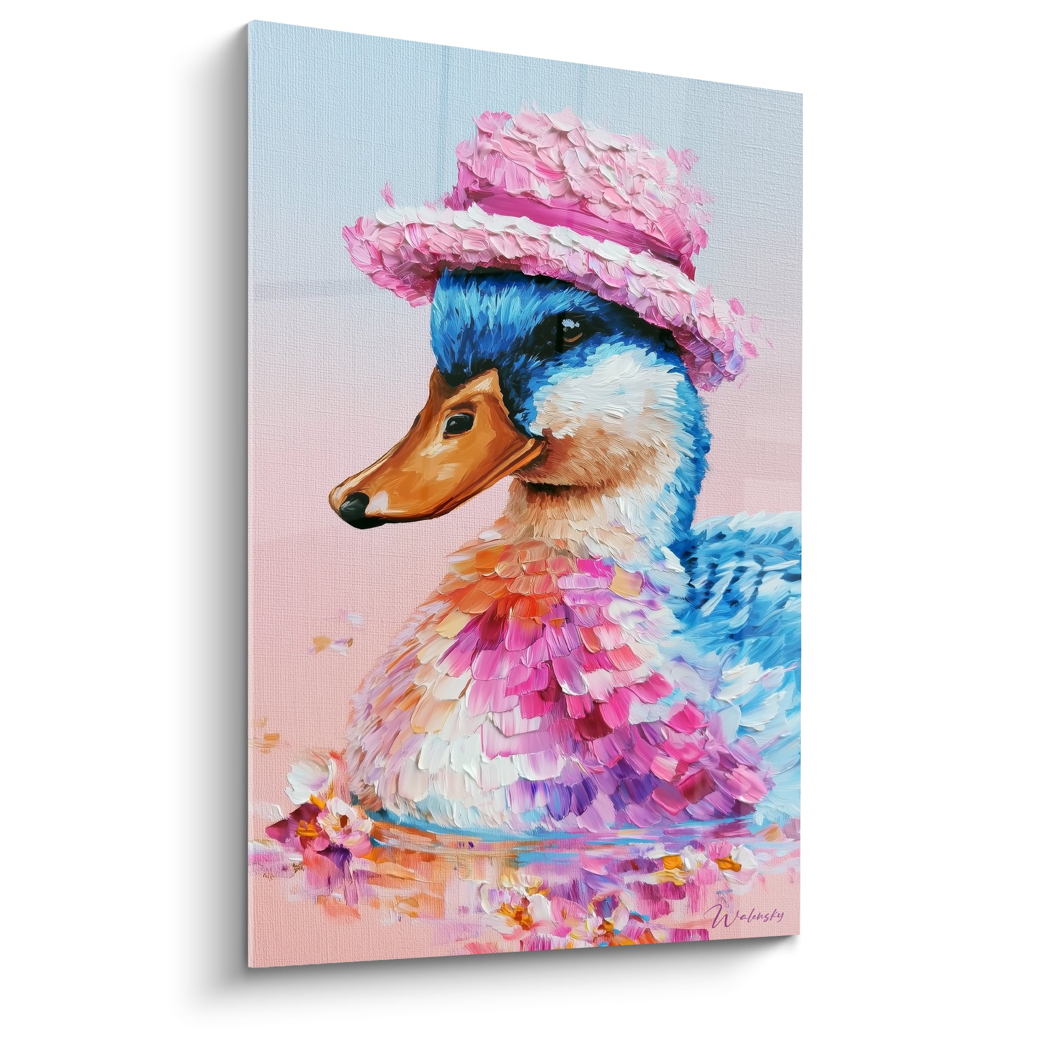 Canard au chapeau rose et bleu marine, plumage empâté rose fuchsia et blanc nacré
