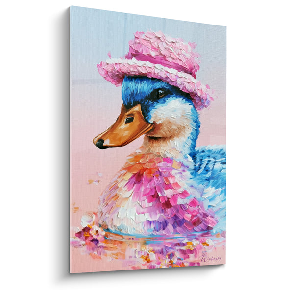 Gemälde Ente mit rosa Hut - Schwebende Eleganz - Enten-Edition