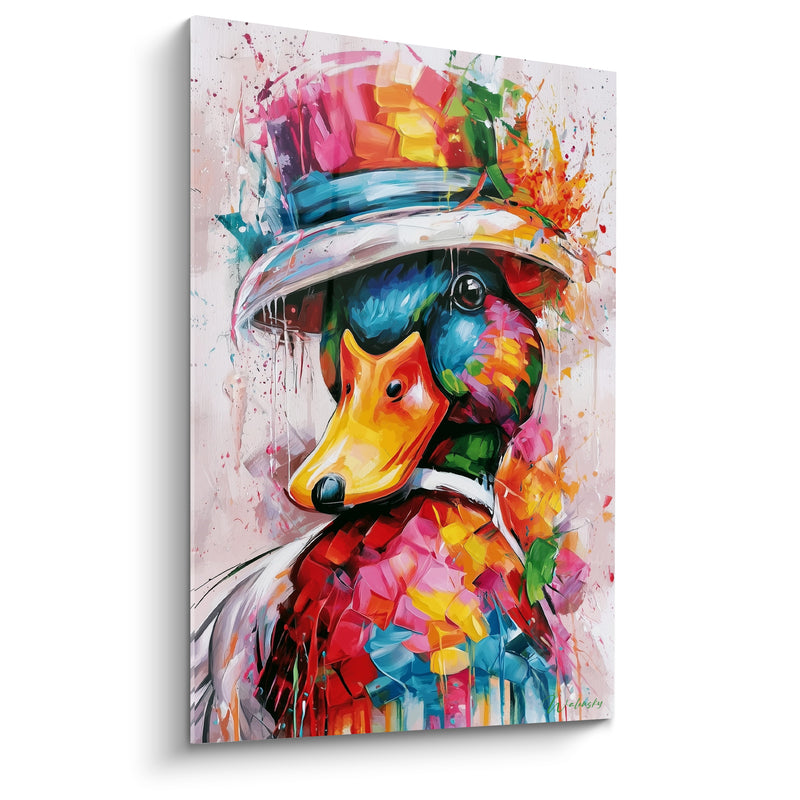 Tableau Canard chapeau rose et bleu sur fond éclaboussé - Bec orange vif - Edition Canard