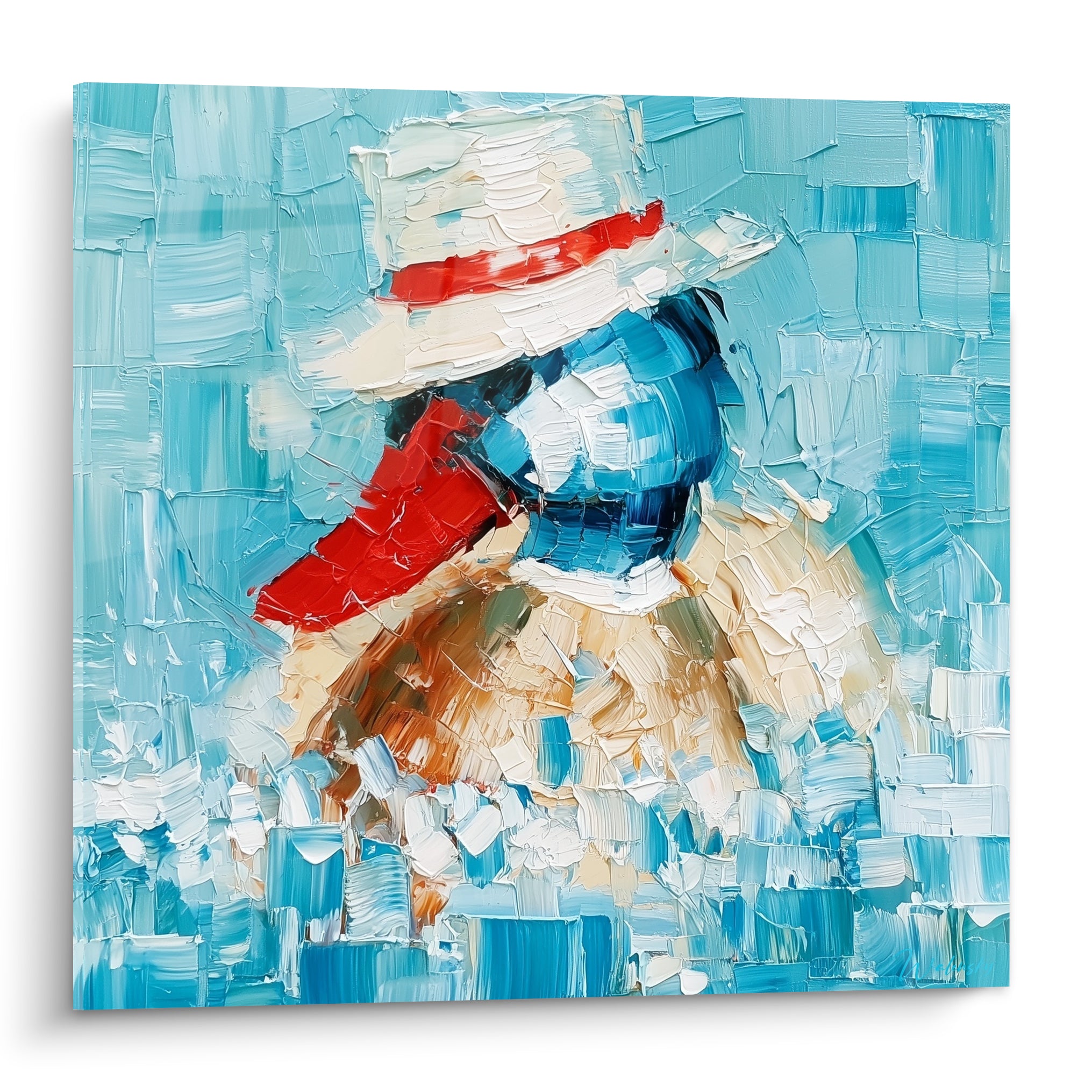 Canard au chapeau blanc et rouge sur fond bleu turquoise, peinture texturée au couteau