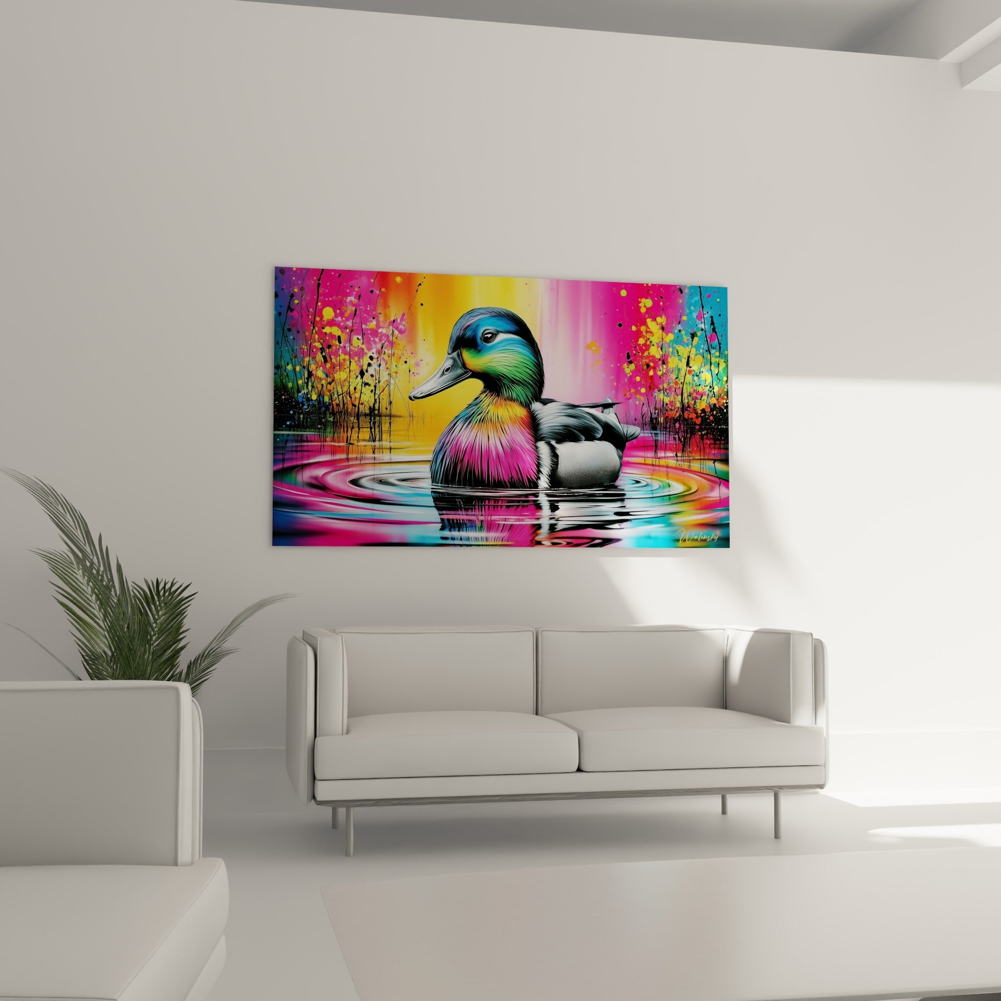 Silhouette colorée du canard sur eau rose accrochée au-dessus d'un canapé dans un salon lumineux