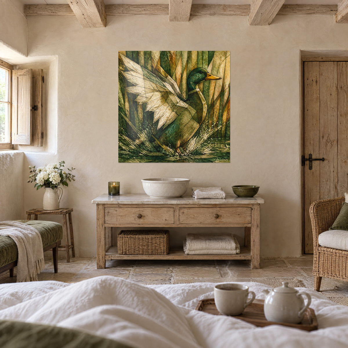 Wall art waterfowl with cream-white wings spread open, deep green plumage and light splashes, above a bed in a bright bedroom