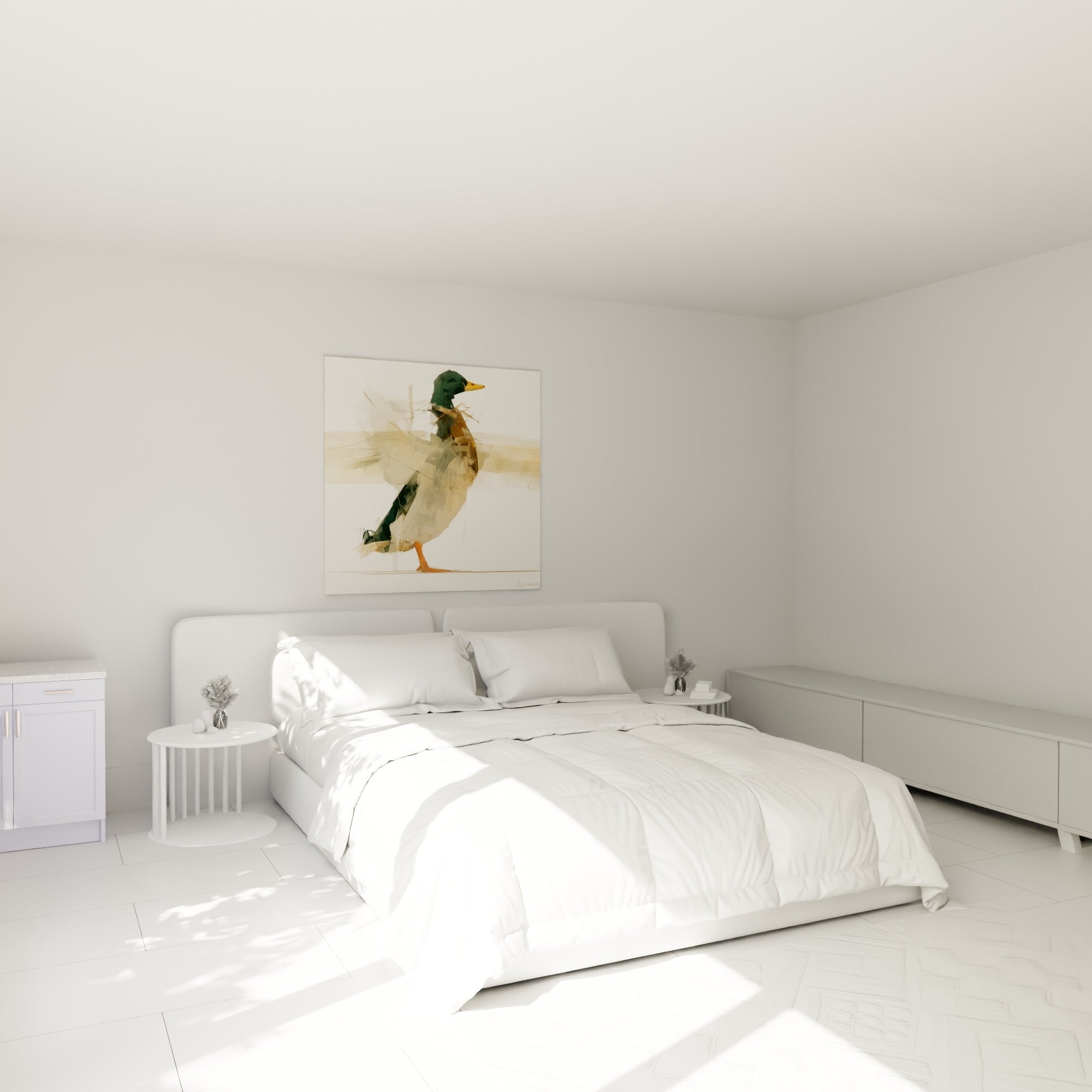Canard colvert aux tons ocre et vert sombre affiché au-dessus d'un lit dans une chambre claire