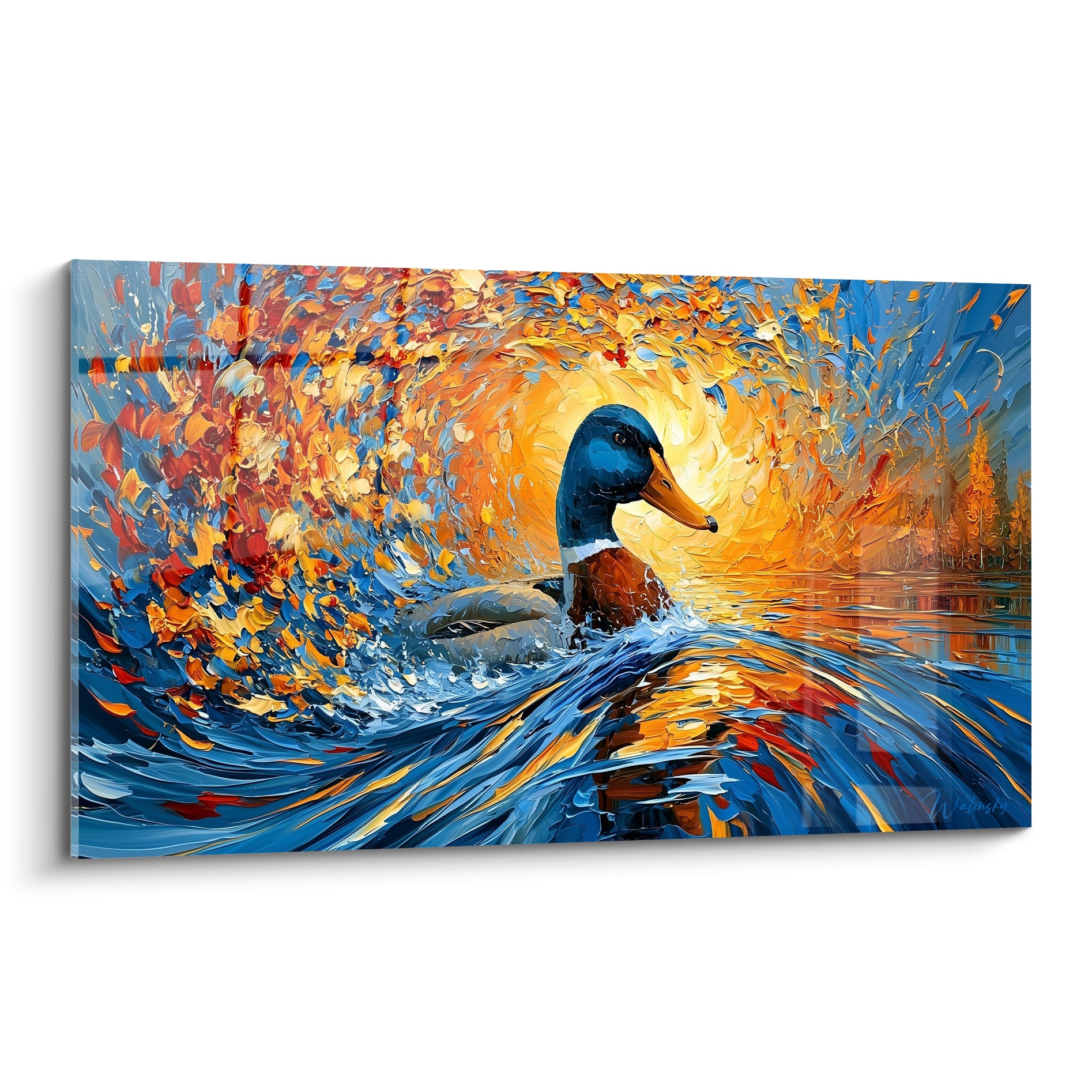Canard colvert bleu marine et doré émergeant d'une vague peinte au couteau, tons orange vifs en fond