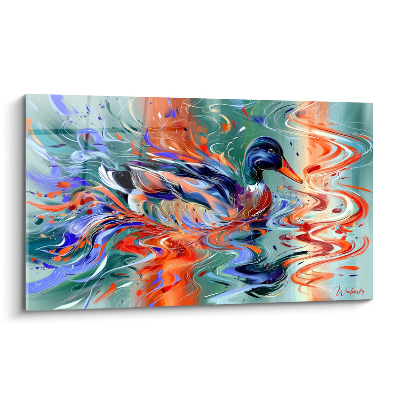Tableau Canard colvert aux reflets bleu et orangé - Sillage flamboyant - Edition Canard