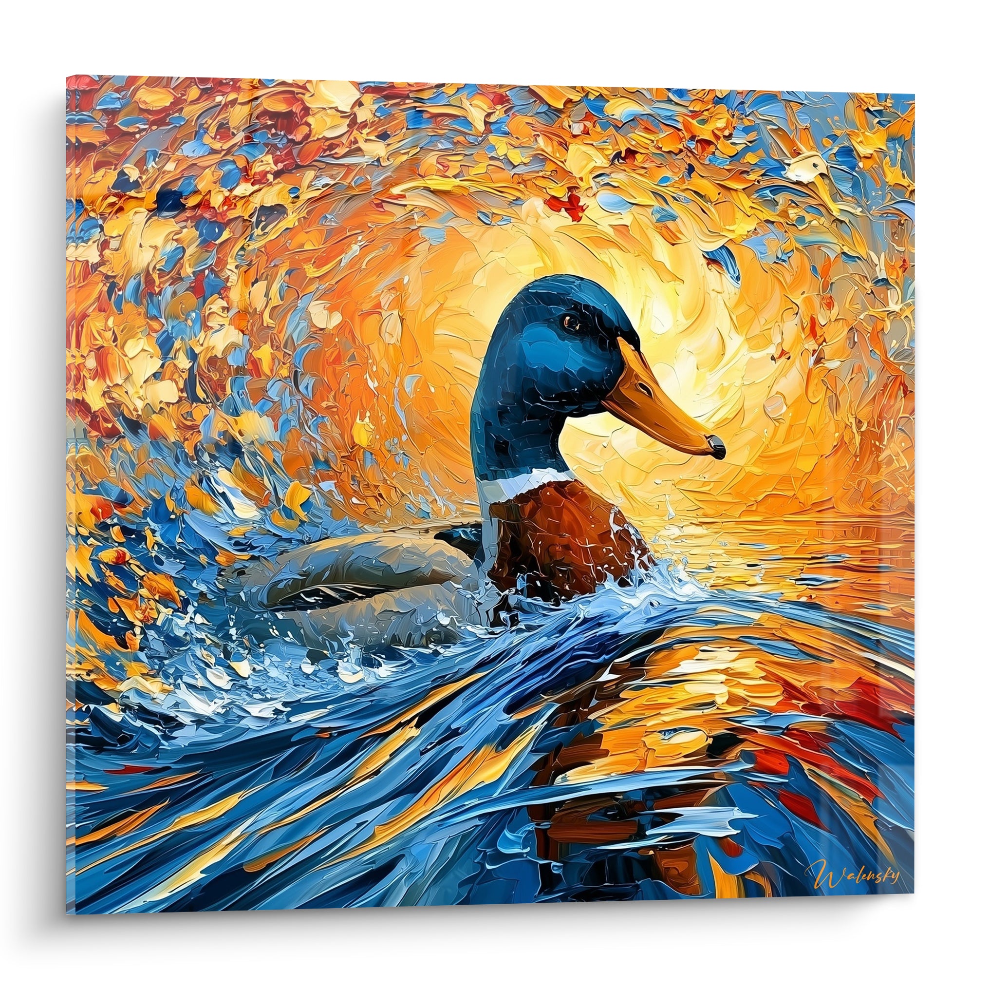 Canard colvert bleu marine et doré émergeant d'une vague bleu ciel peinte au couteau