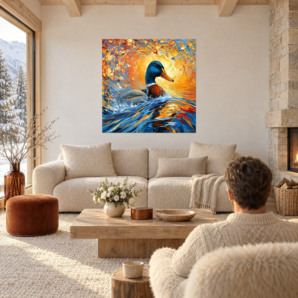Tableau colvert à tête bleu nuit nageant dans un soleil orangé, vague argentée, au-dessus d'un canapé dans un salon lumineux