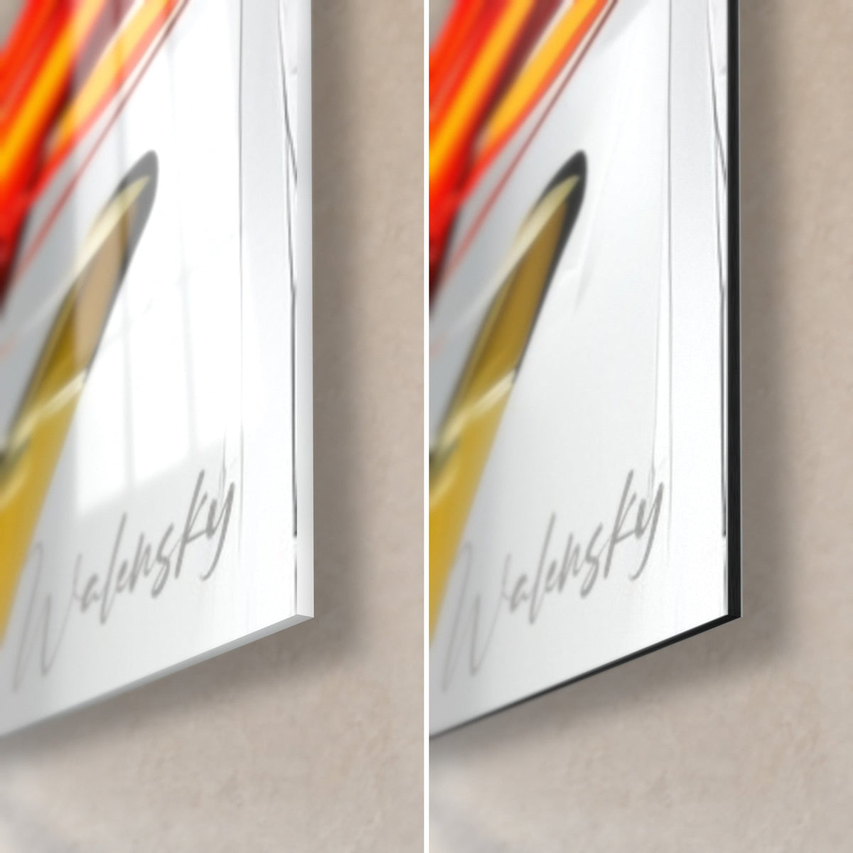 Tableau oiseau d'étang à la patte jaune, coin bas droit : verre acrylique brillant et alu Dibond noir mat, tranche de 3 mm