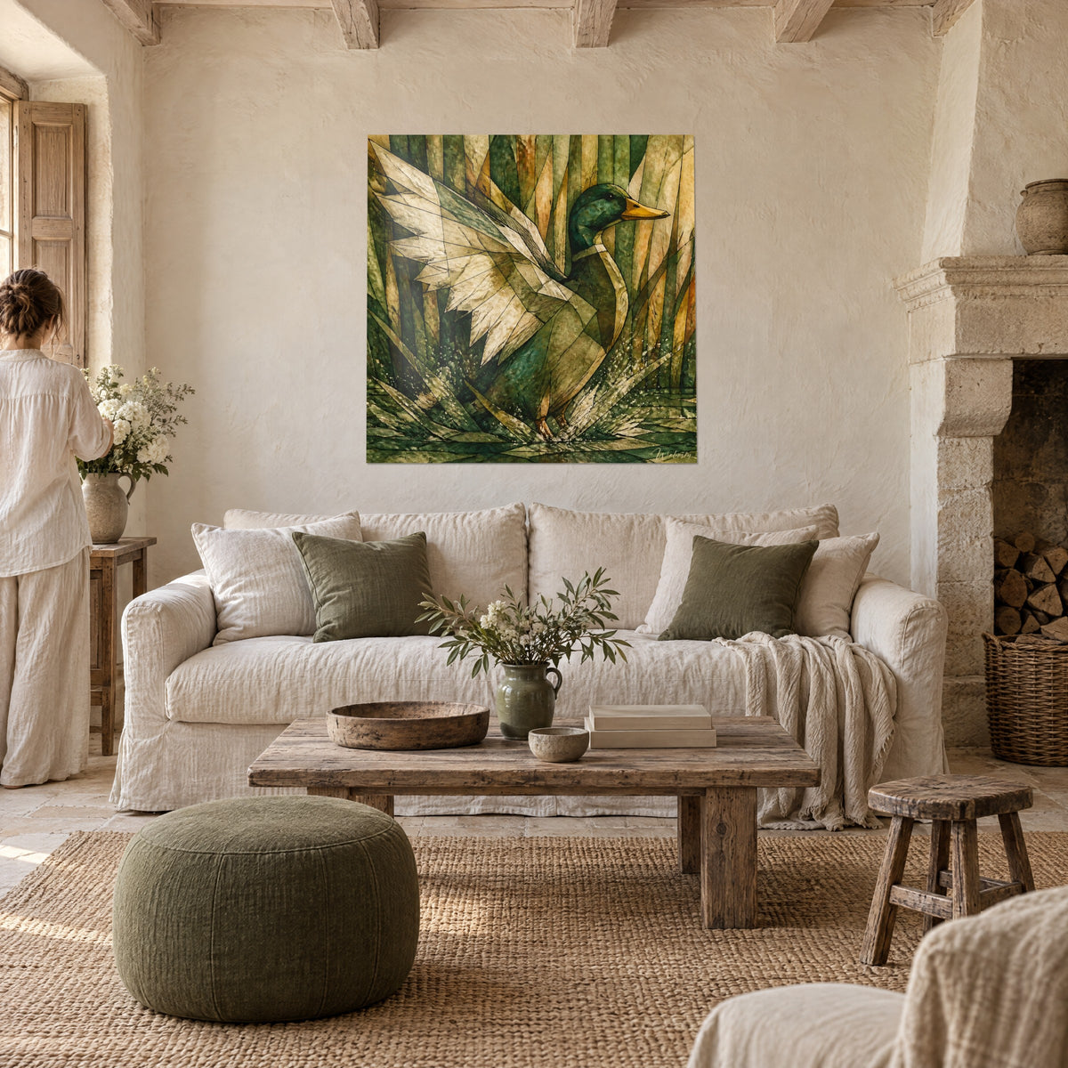 Wall art mallard with ivory wings spread wide, emerald head and ochre bill, faceted mosaic pattern, above a sofa in a bright living room