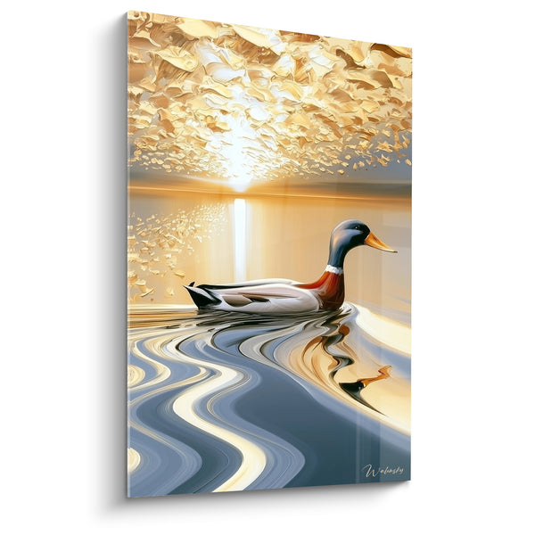 Mallard Duck Painting in Navy Blue and Red Under Golden Sky - Bright Sun on the Horizon - Canard Edition