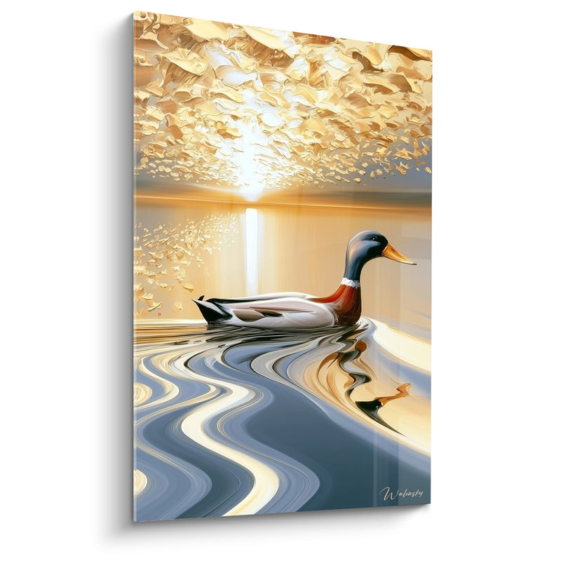 Tableau Colvert bleu marine et roux sous ciel doré - Soleil éclatant à l'horizon - Edition Canard