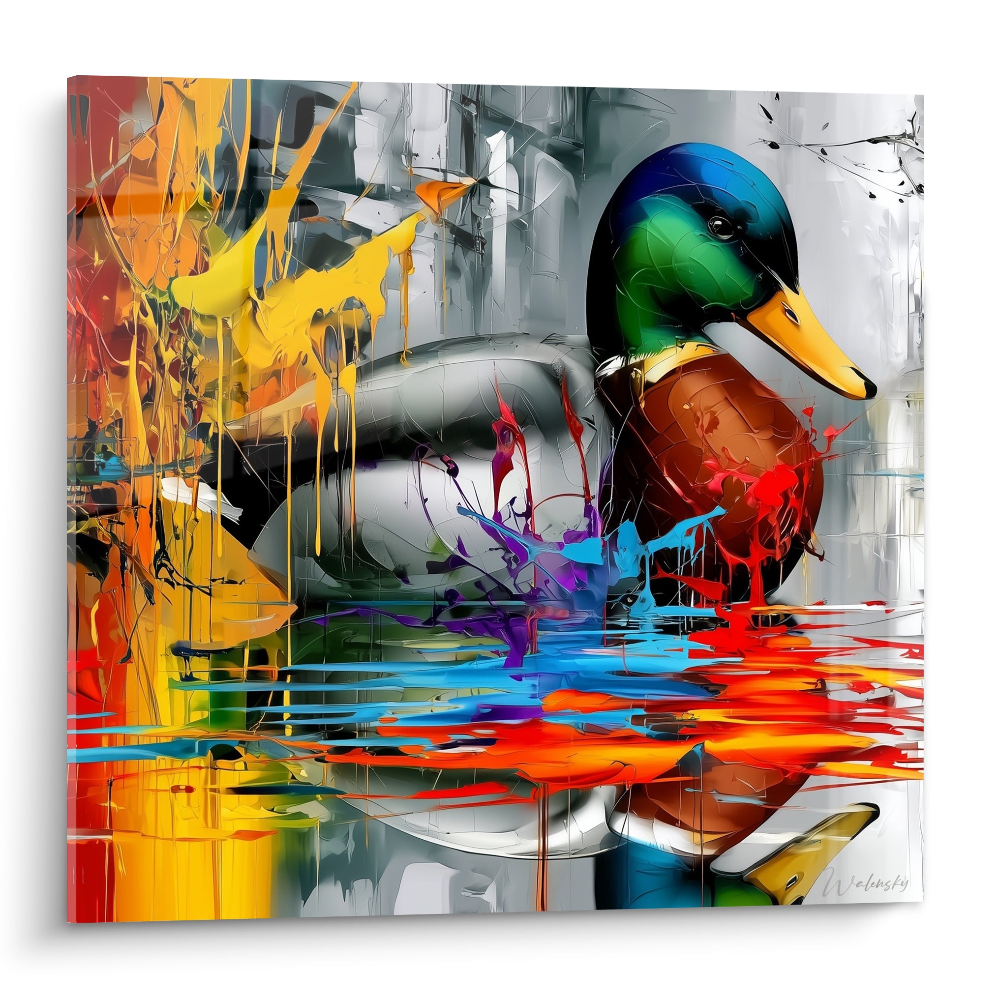 Canard colvert vert émeraude et bleu, entouré d'éclaboussures dorées et rouges sur fond gris texturé